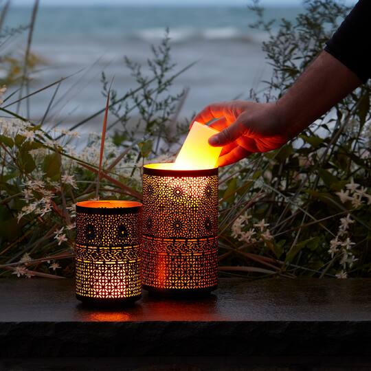 Black & Gold Mandala Punched Metal Candle Holder Set